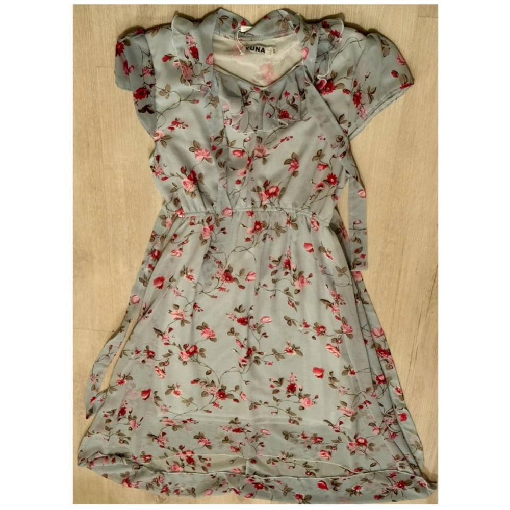 Yuna S/M Blue Pink Floral Ruched Dress NWT Festival Boho Y2K Spring